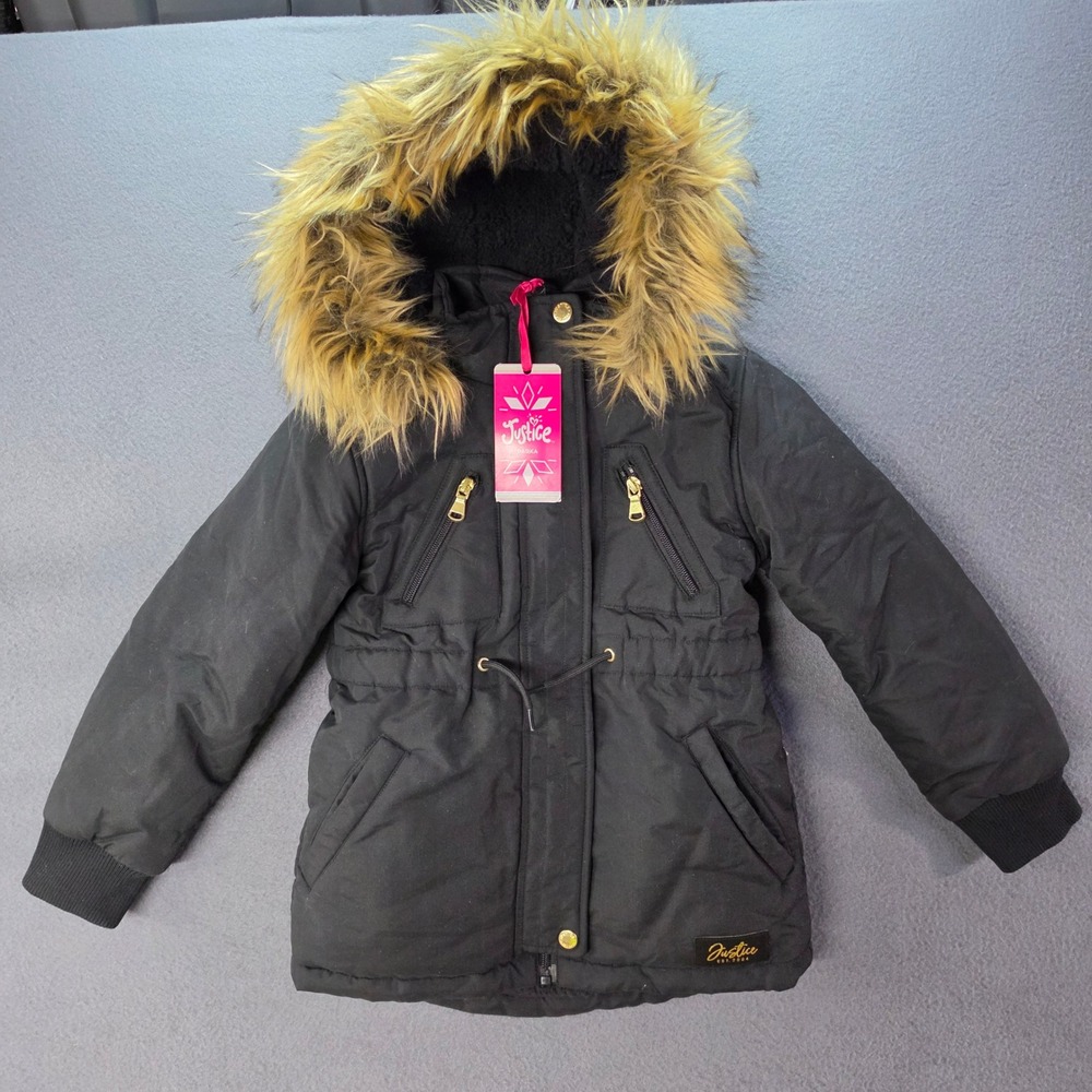 Justice Girls Black Parka Jacket Faux Fur Hood Sherpa Lined Size XS 5/6 NWT
